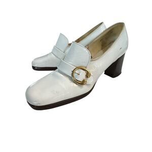 VINTAGE GAYMODE WHITE PATENT LEATHER BUCKLE HEEL LOAFERS SZ 8.5